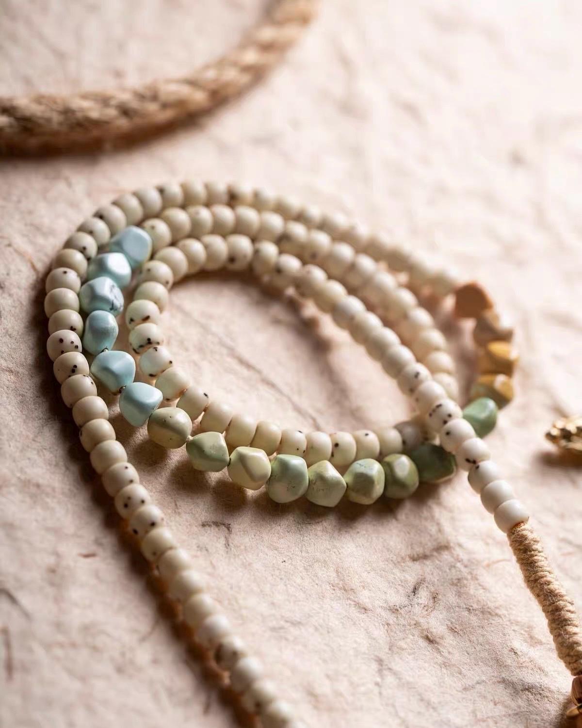 Natural 108 Bead Buddhist Prayer Mala | Multi-Wrap Meditation Bracelet | Turquoise & Brass Accents | Tibetan Inspired Spiritual Jewelry