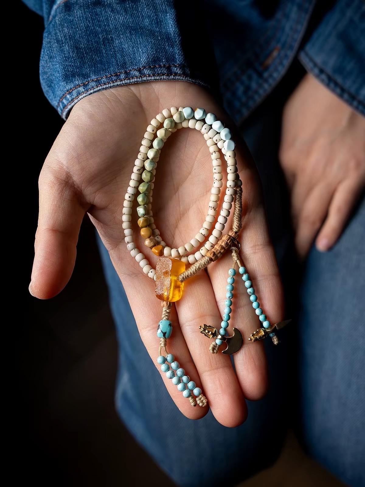 Natural 108 Bead Buddhist Prayer Mala | Multi-Wrap Meditation Bracelet | Turquoise & Brass Accents | Tibetan Inspired Spiritual Jewelry