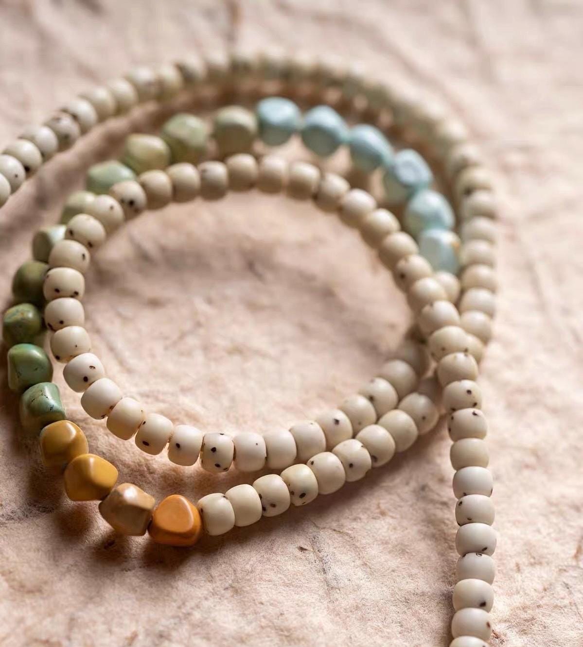 Natural 108 Bead Buddhist Prayer Mala | Multi-Wrap Meditation Bracelet | Turquoise & Brass Accents | Tibetan Inspired Spiritual Jewelry