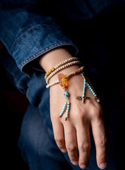 Natural 108 Bead Buddhist Prayer Mala | Multi-Wrap Meditation Bracelet | Turquoise & Brass Accents | Tibetan Inspired Spiritual Jewelry
