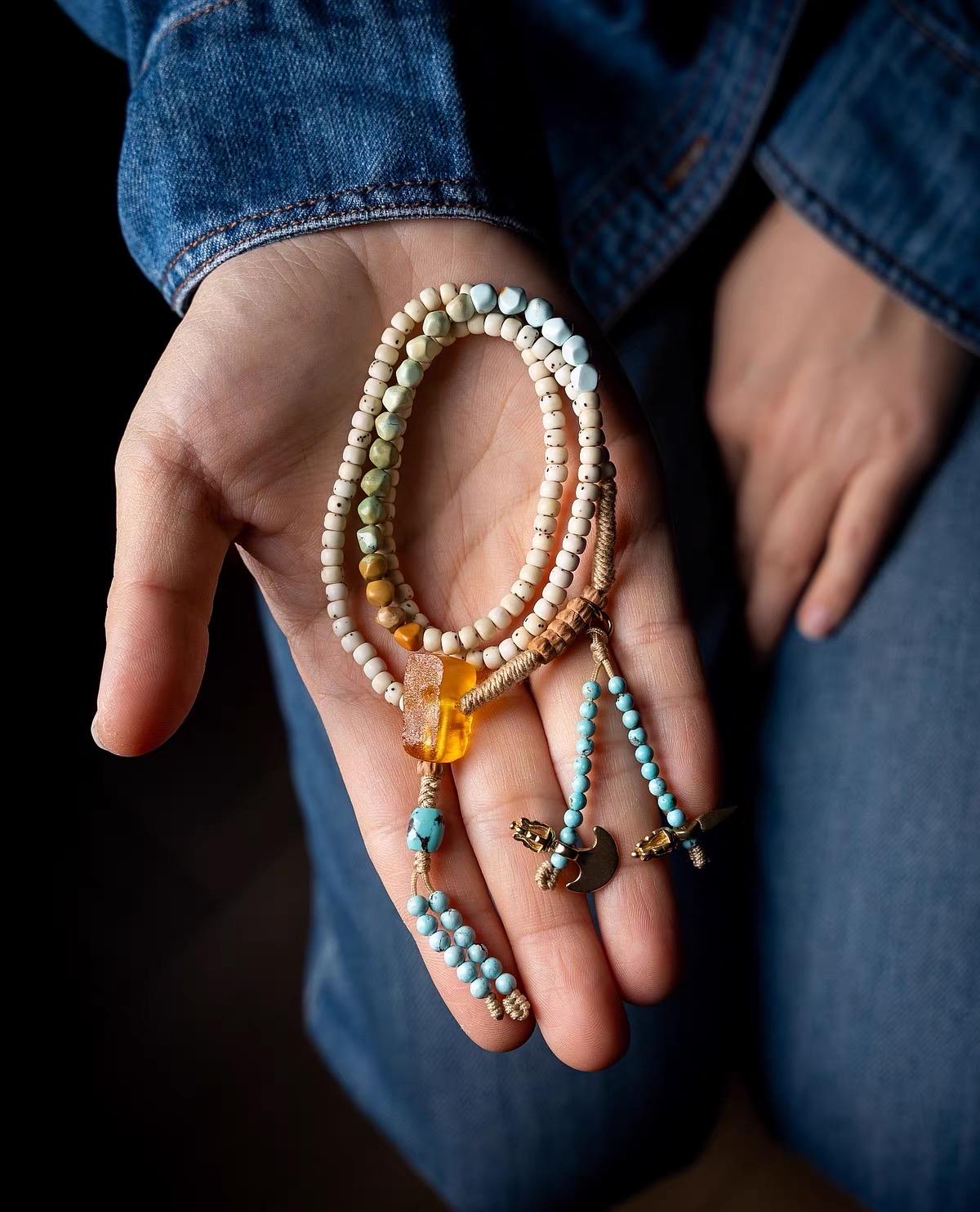 Natural 108 Bead Buddhist Prayer Mala | Multi-Wrap Meditation Bracelet | Turquoise & Brass Accents | Tibetan Inspired Spiritual Jewelry