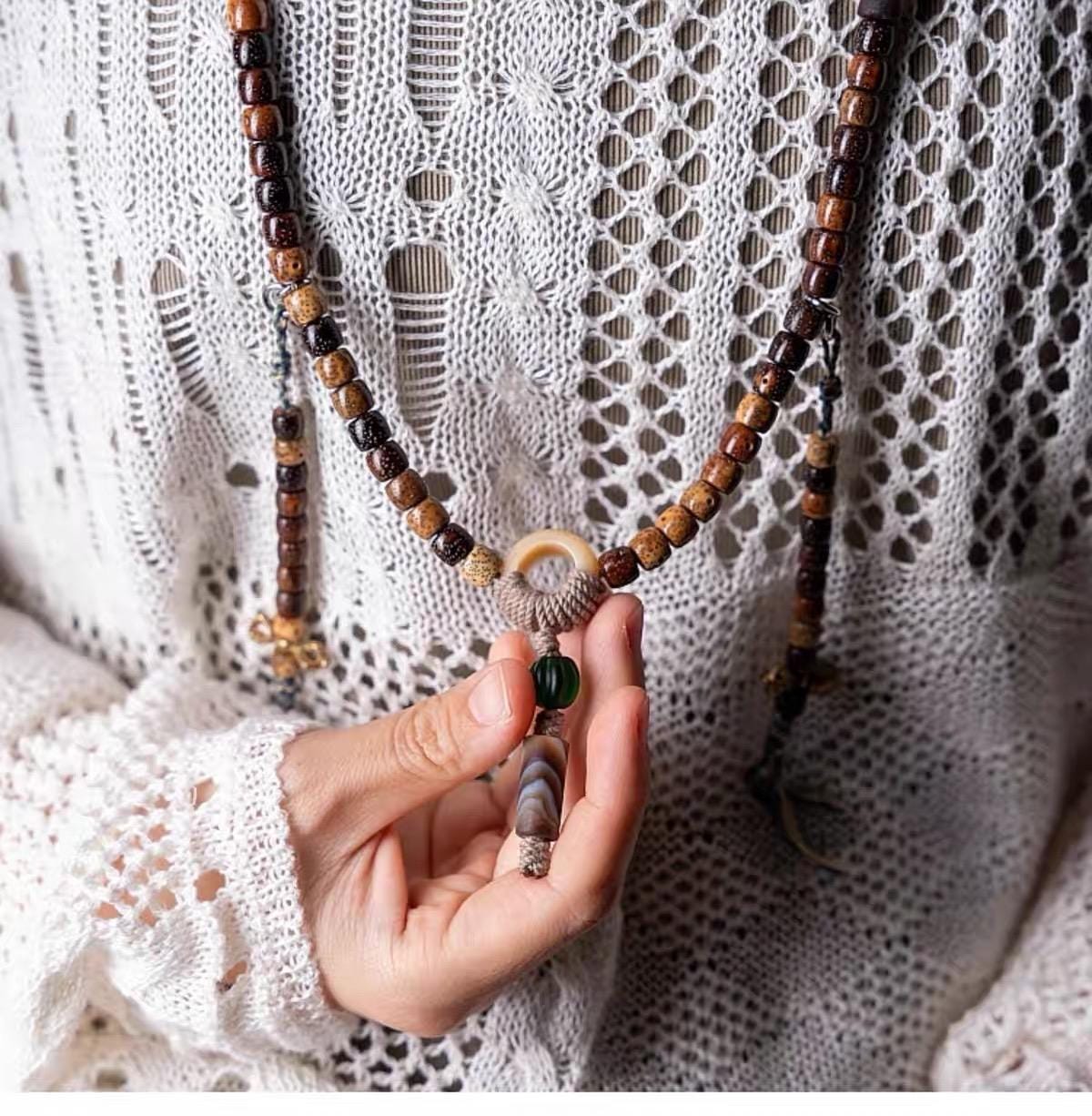 Handmade Tibetan-Inspired Weathered Star & Moon Bodhi Root Mala Bracelet – 108 Beads | Hand-Knotted Meditation Prayer Beads