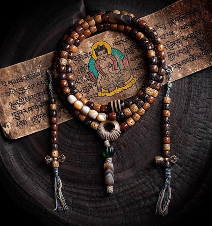 Handmade Tibetan-Inspired Weathered Star & Moon Bodhi Root Mala Bracelet – 108 Beads | Hand-Knotted Meditation Prayer Beads