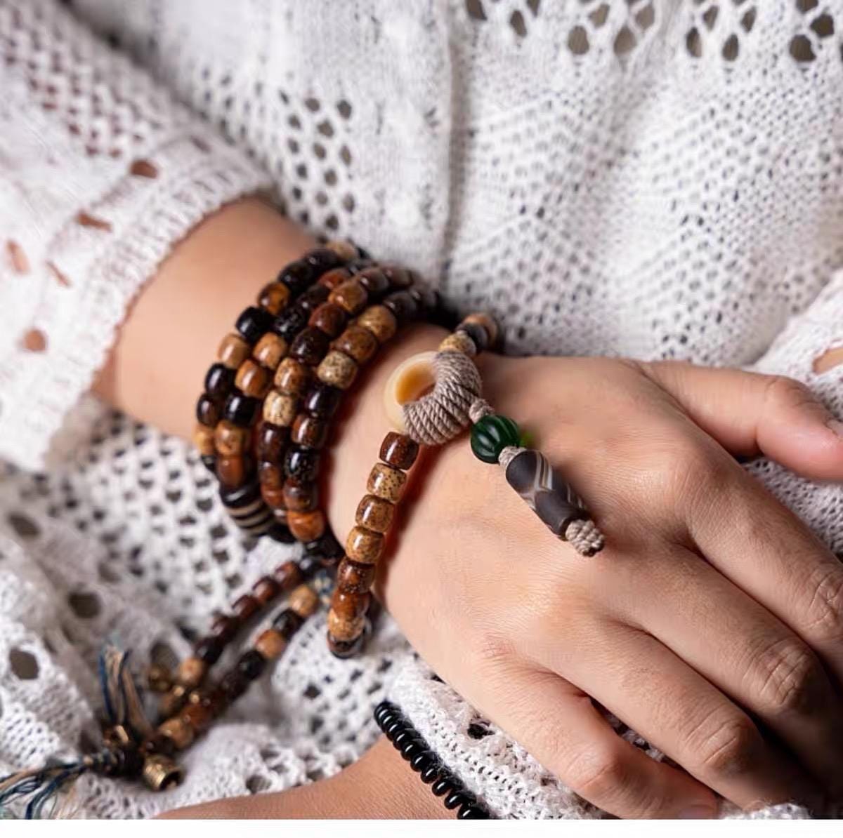 Handmade Tibetan-Inspired Weathered Star & Moon Bodhi Root Mala Bracelet – 108 Beads | Hand-Knotted Meditation Prayer Beads