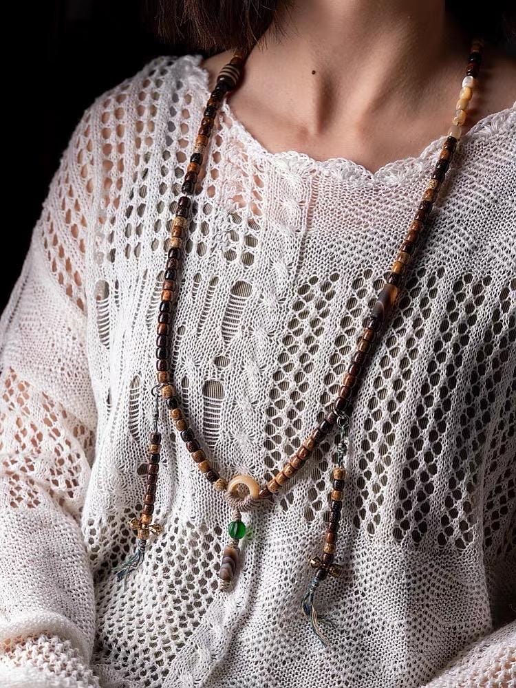 Handmade Tibetan-Inspired Weathered Star & Moon Bodhi Root Mala Bracelet – 108 Beads | Hand-Knotted Meditation Prayer Beads