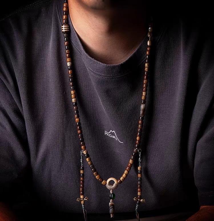 Handmade Tibetan-Inspired Weathered Star & Moon Bodhi Root Mala Bracelet – 108 Beads | Hand-Knotted Meditation Prayer Beads