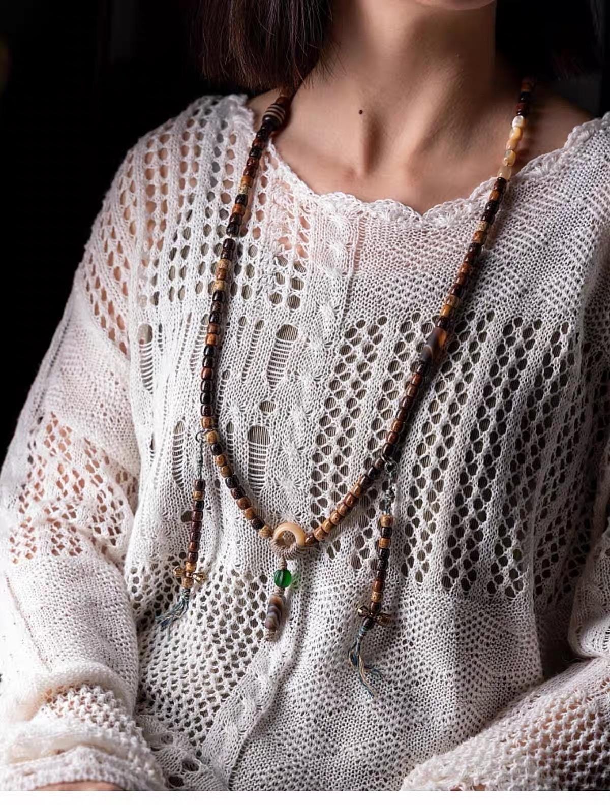Handmade Tibetan-Inspired Weathered Star & Moon Bodhi Root Mala Bracelet – 108 Beads | Hand-Knotted Meditation Prayer Beads