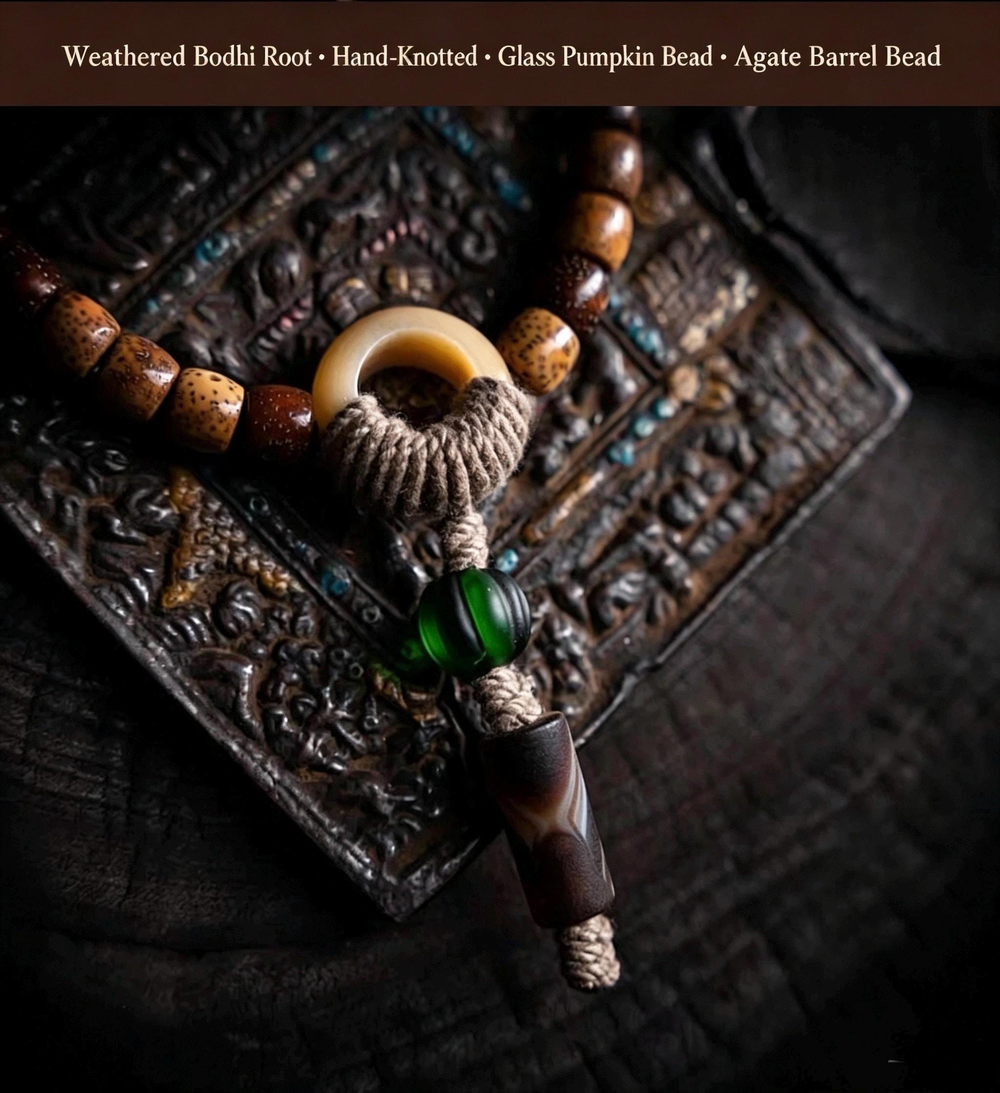 Handmade Tibetan-Inspired Weathered Star & Moon Bodhi Root Mala Bracelet – 108 Beads | Hand-Knotted Meditation Prayer Beads