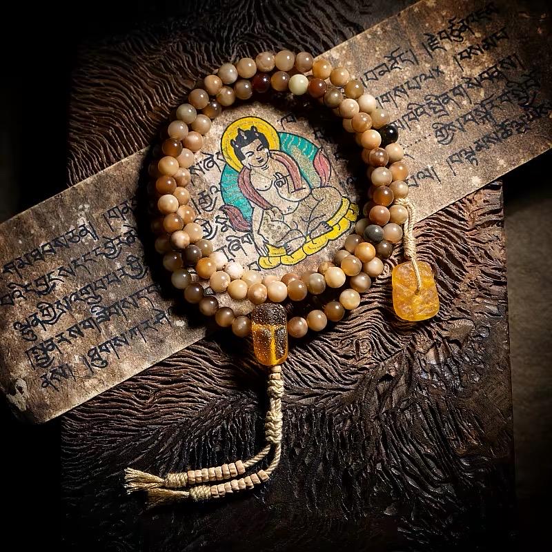 Aged Star & Moon Bodhi Seed Mala 108 Beads | Handmade Buddhist Prayer Beads | Meditation Necklace Wrap Bracelet