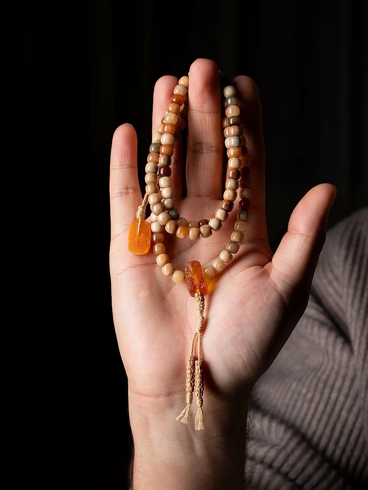 Aged Star & Moon Bodhi Seed Mala 108 Beads | Handmade Buddhist Prayer Beads | Meditation Necklace Wrap Bracelet