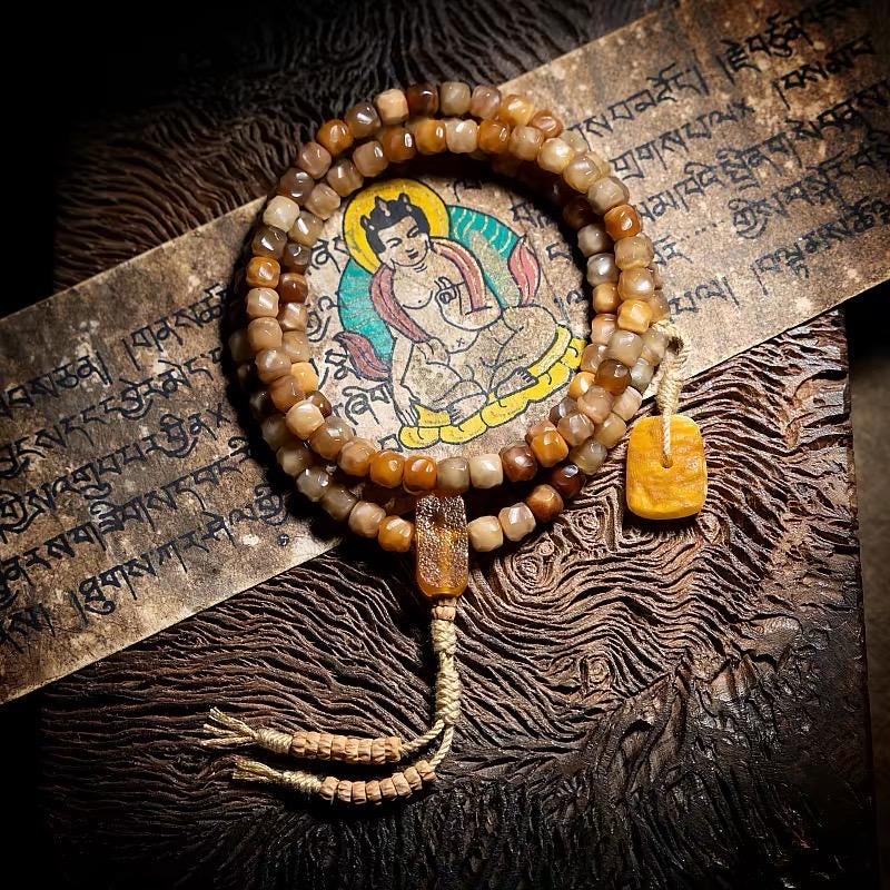 Aged Star & Moon Bodhi Seed Mala 108 Beads | Handmade Buddhist Prayer Beads | Meditation Necklace Wrap Bracelet