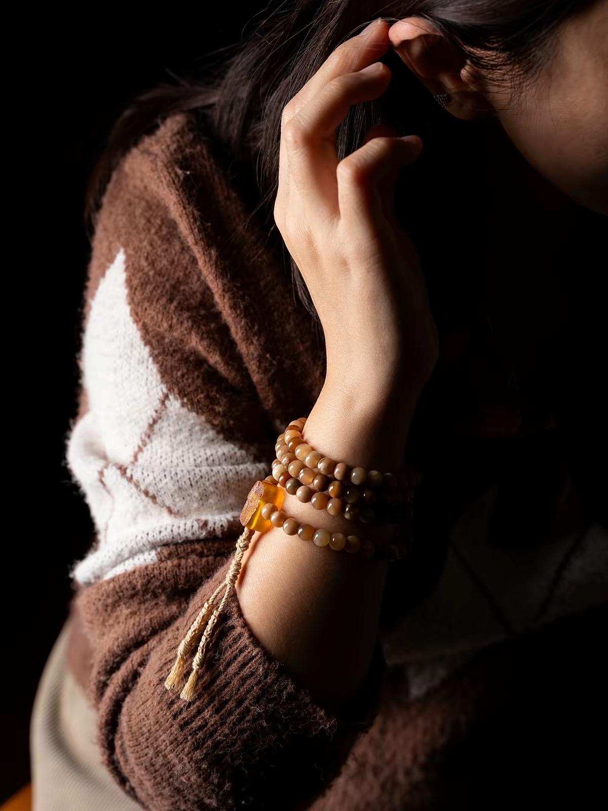Aged Star & Moon Bodhi Seed Mala 108 Beads | Handmade Buddhist Prayer Beads | Meditation Necklace Wrap Bracelet