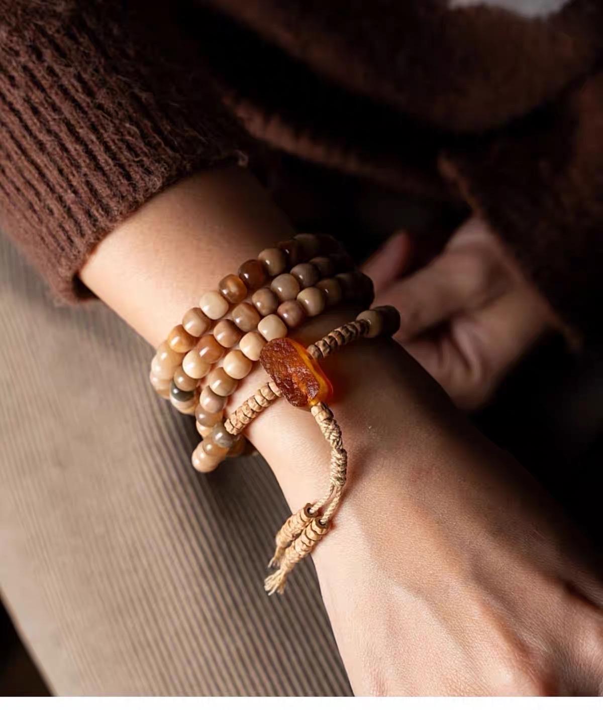 Aged Star & Moon Bodhi Seed Mala 108 Beads | Handmade Buddhist Prayer Beads | Meditation Necklace Wrap Bracelet