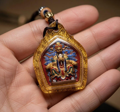 Handpainted Fifth Dragon King Tsa Tsa Pendant, Mineral Pigment Miniature Thangka, Tibetan Sacred Clay Amulet, Buddhist Protection Necklace
