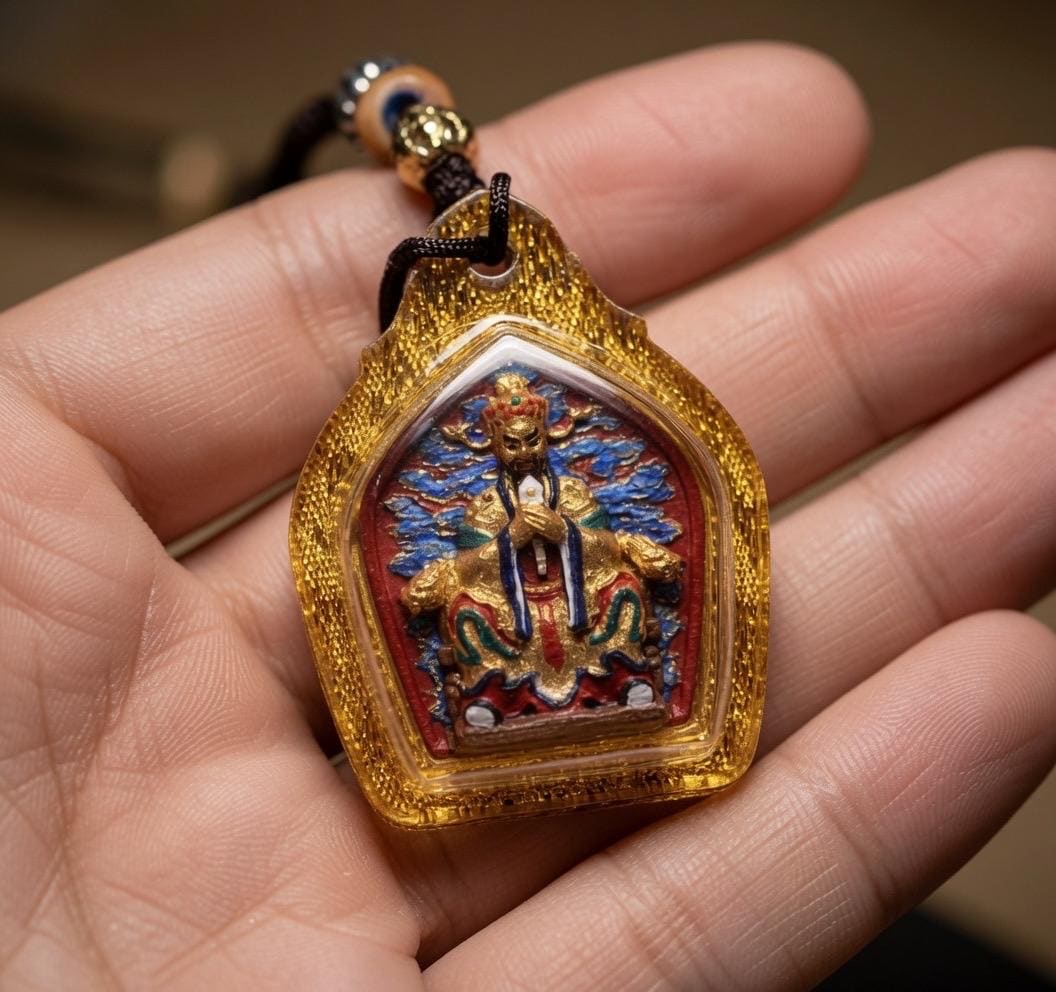 Handpainted Fifth Dragon King Tsa Tsa Pendant, Mineral Pigment Miniature Thangka, Tibetan Sacred Clay Amulet, Buddhist Protection Necklace