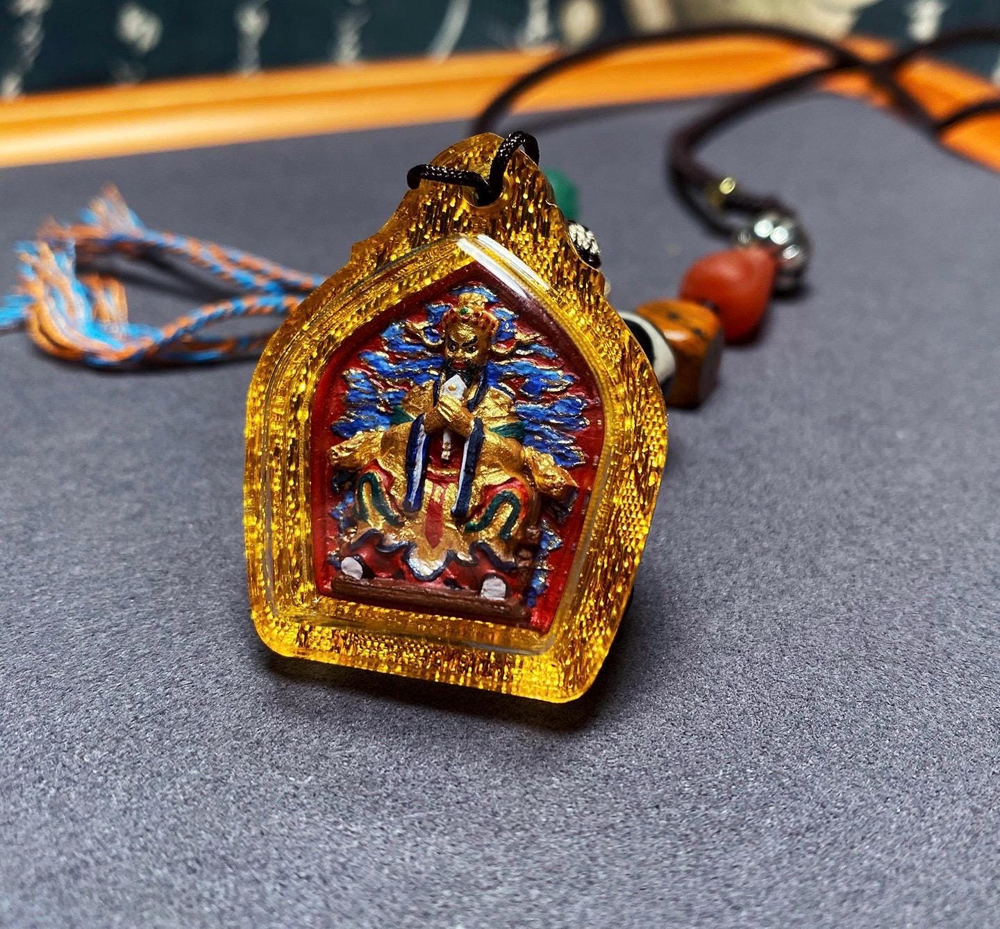 Handpainted Fifth Dragon King Tsa Tsa Pendant, Mineral Pigment Miniature Thangka, Tibetan Sacred Clay Amulet, Buddhist Protection Necklace