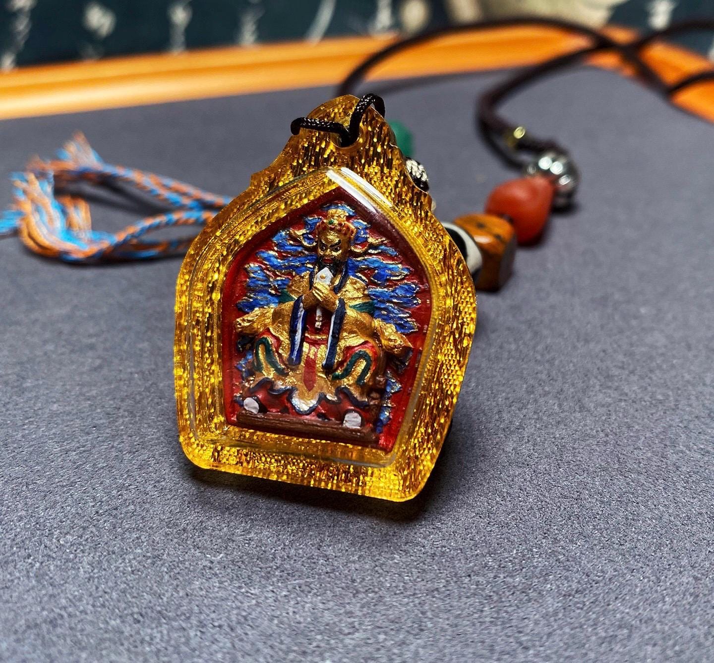 Handpainted Fifth Dragon King Tsa Tsa Pendant, Mineral Pigment Miniature Thangka, Tibetan Sacred Clay Amulet, Buddhist Protection Necklace