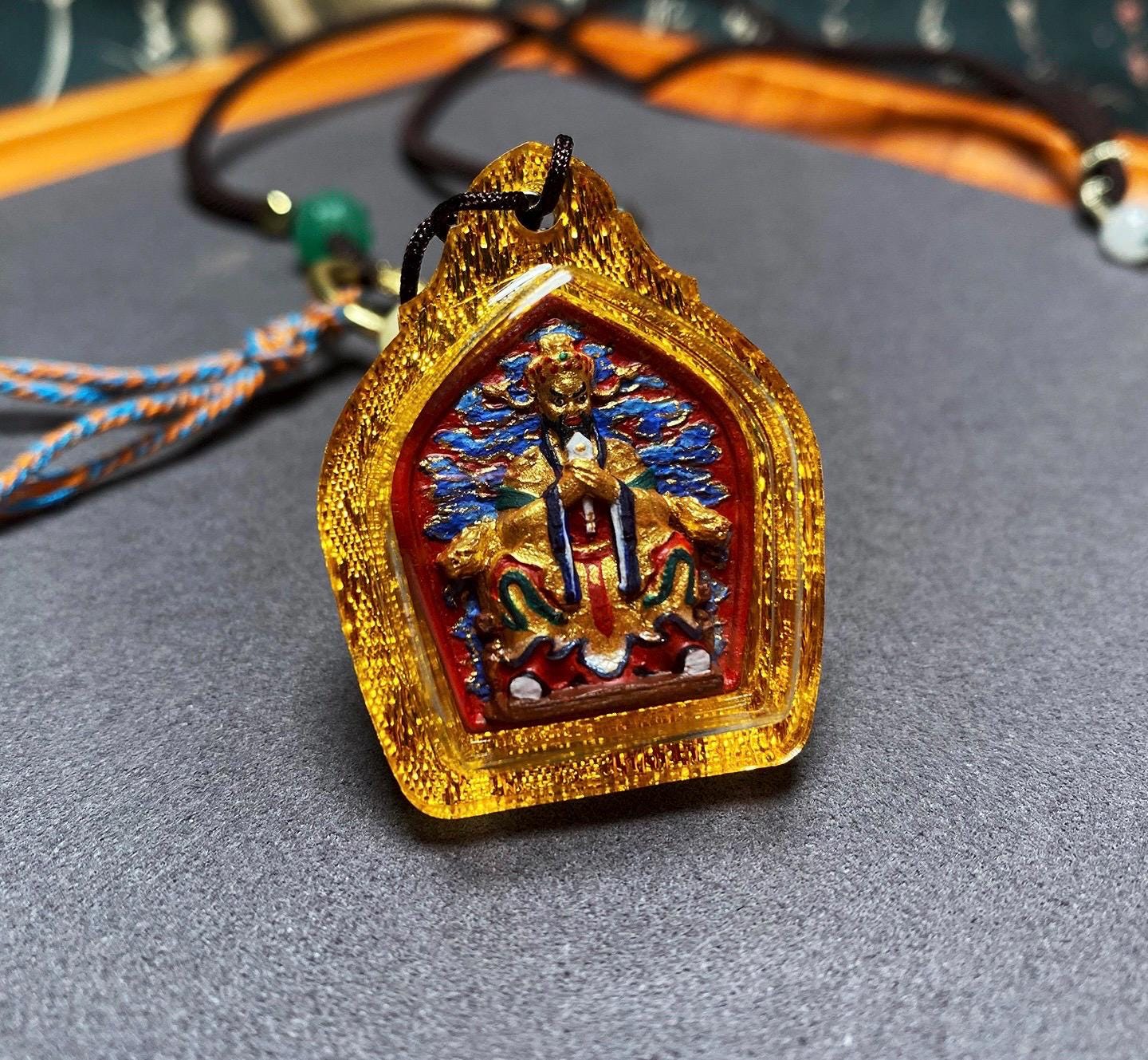 Handpainted Fifth Dragon King Tsa Tsa Pendant, Mineral Pigment Miniature Thangka, Tibetan Sacred Clay Amulet, Buddhist Protection Necklace