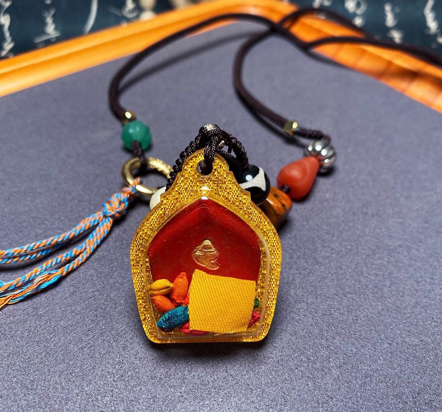 Handpainted Fifth Dragon King Tsa Tsa Pendant, Mineral Pigment Miniature Thangka, Tibetan Sacred Clay Amulet, Buddhist Protection Necklace