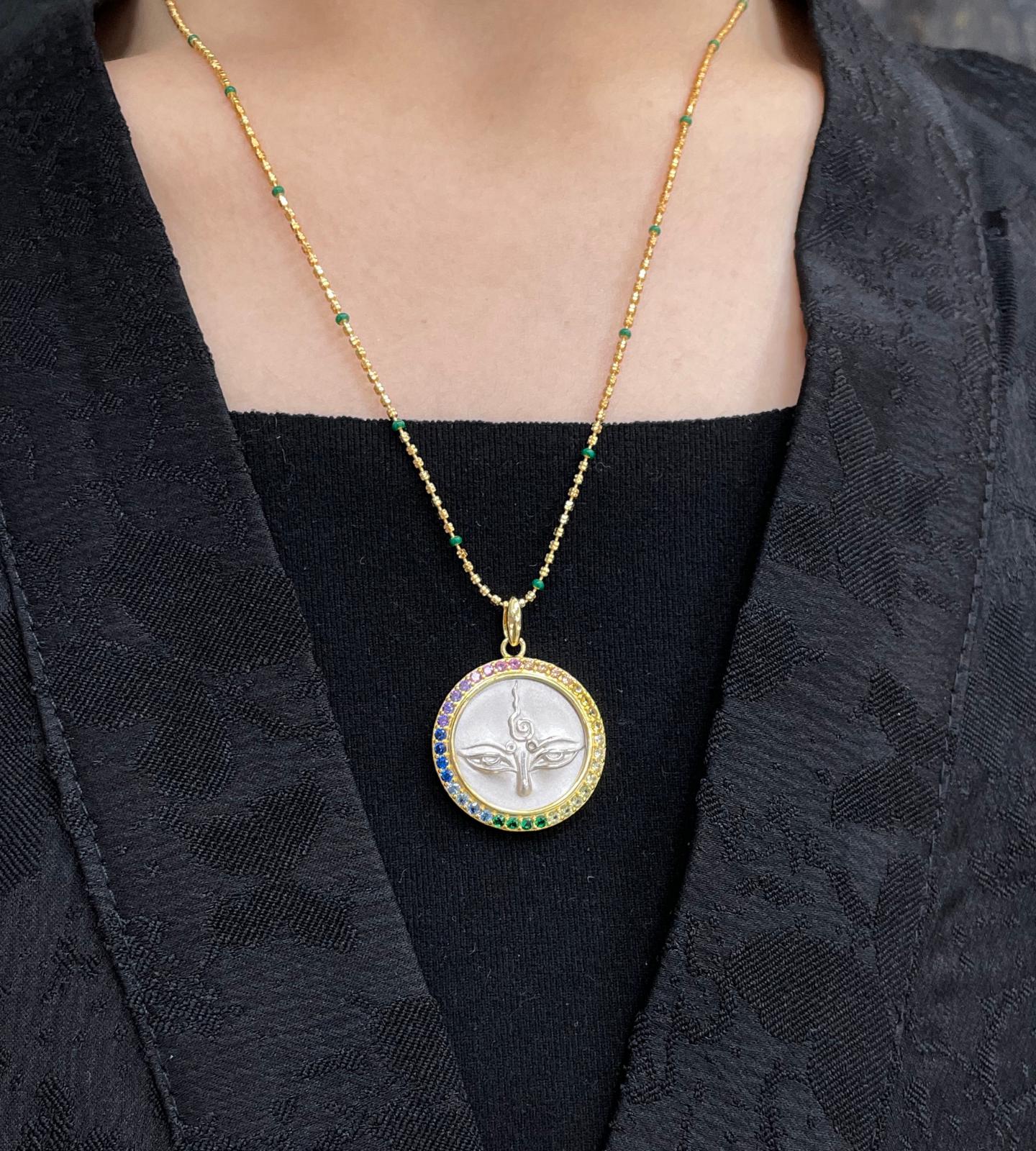 Handcrafted Silver Green Tara Pendant Oxidized Vintage Buddha Eye Necklace Tibetan Buddhist Talisman Spiritual Protection Amulet