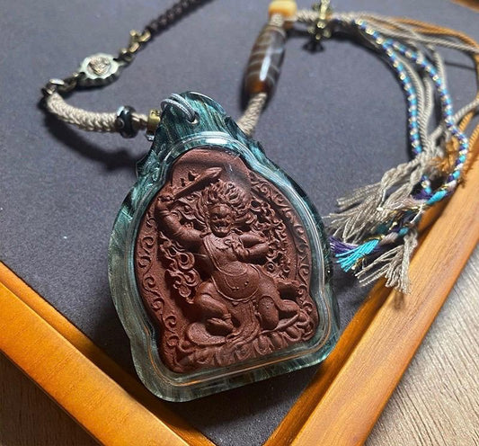 Handpainted Acala Tsa Tsa Pendant, Mineral Pigment Miniature Thangka, Tibetan Sacred Clay Amulet, Buddhist Guardian Protection Necklace