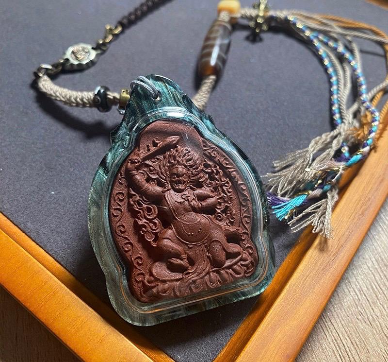 Handpainted Acala Tsa Tsa Pendant, Mineral Pigment Miniature Thangka, Tibetan Sacred Clay Amulet, Buddhist Guardian Protection Necklace