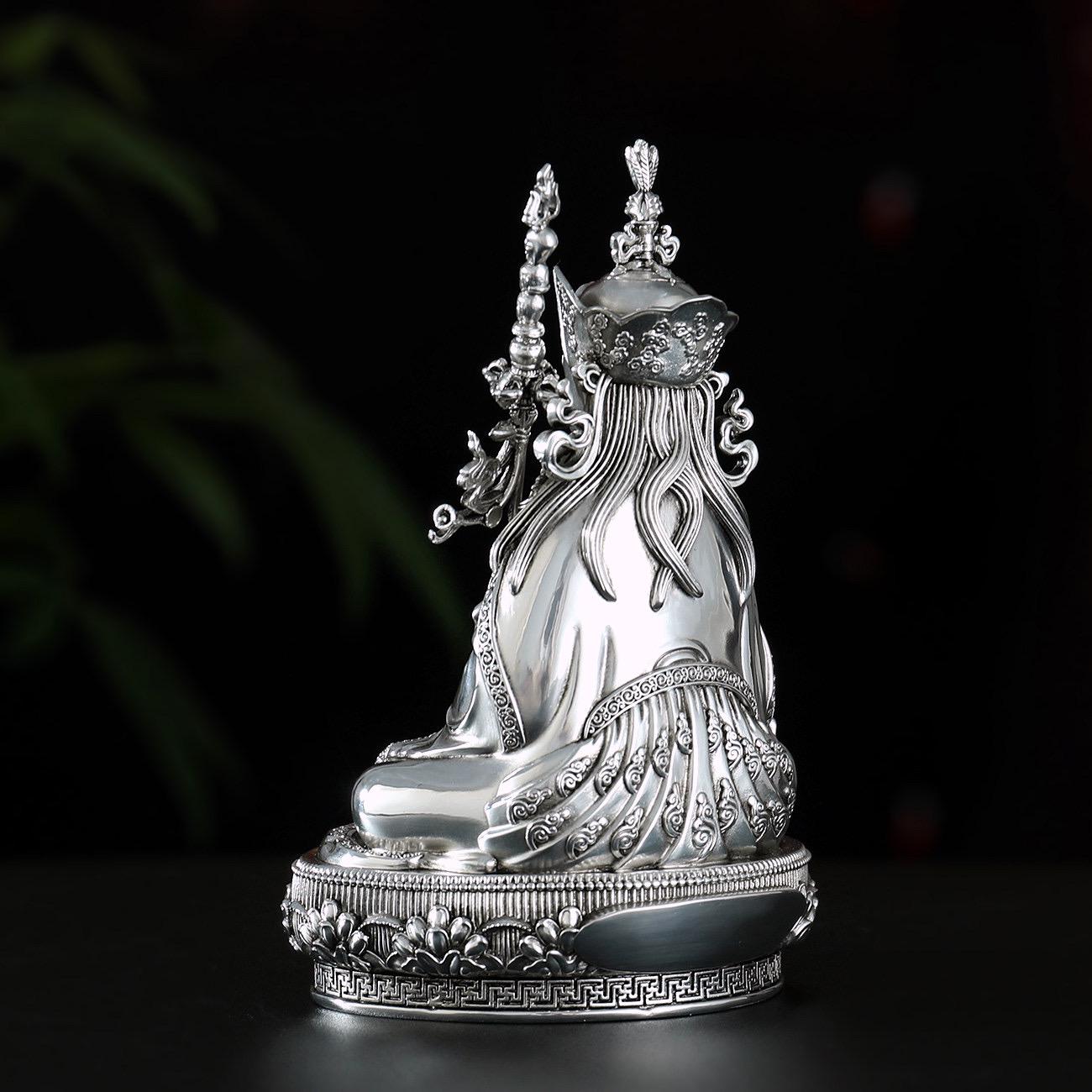 Padmasambhava Statue Guru Rinpoche Tibetan Buddhist Buddha, Silver Plated White Copper Guru Rinpoche Figurine, Altar Shrine Meditation Decor