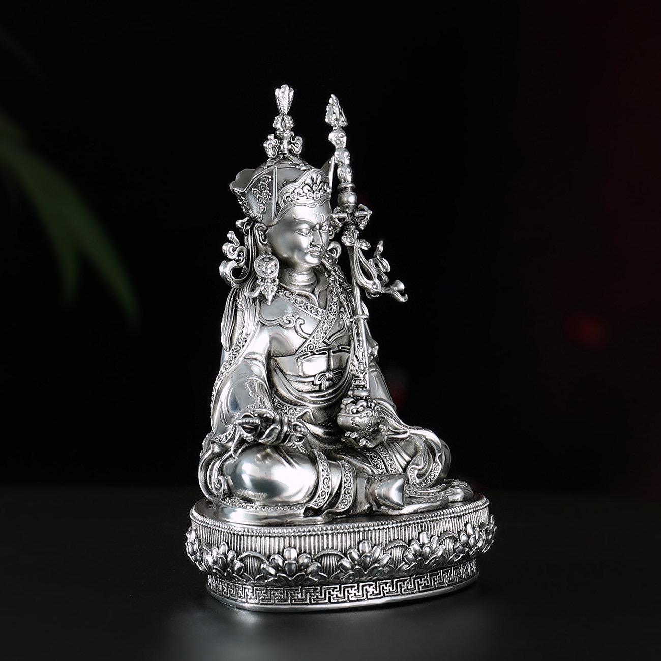 Padmasambhava Statue Guru Rinpoche Tibetan Buddhist Buddha, Silver Plated White Copper Guru Rinpoche Figurine, Altar Shrine Meditation Decor