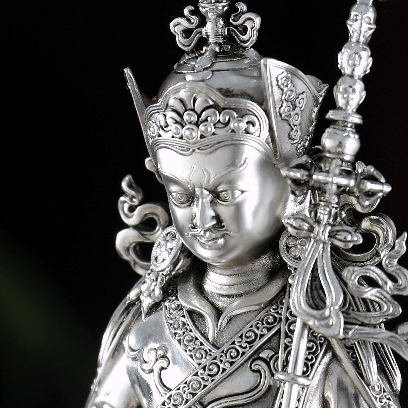 Padmasambhava Statue Guru Rinpoche Tibetan Buddhist Buddha, Silver Plated White Copper Guru Rinpoche Figurine, Altar Shrine Meditation Decor