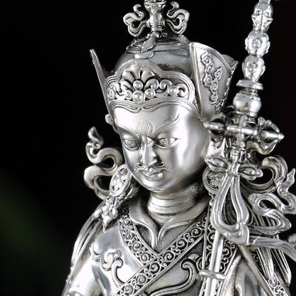 Padmasambhava Statue Guru Rinpoche Tibetan Buddhist Buddha, Silver Plated White Copper Guru Rinpoche Figurine, Altar Shrine Meditation Decor