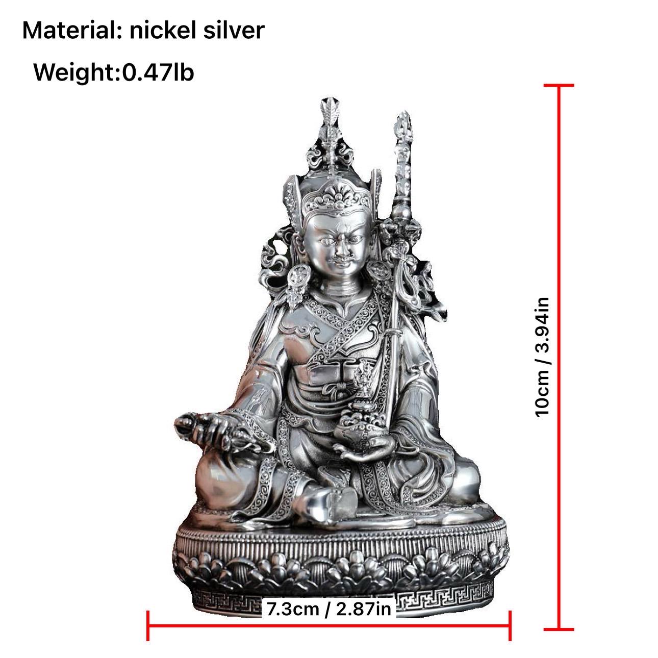 Padmasambhava Statue Guru Rinpoche Tibetan Buddhist Buddha, Silver Plated White Copper Guru Rinpoche Figurine, Altar Shrine Meditation Decor