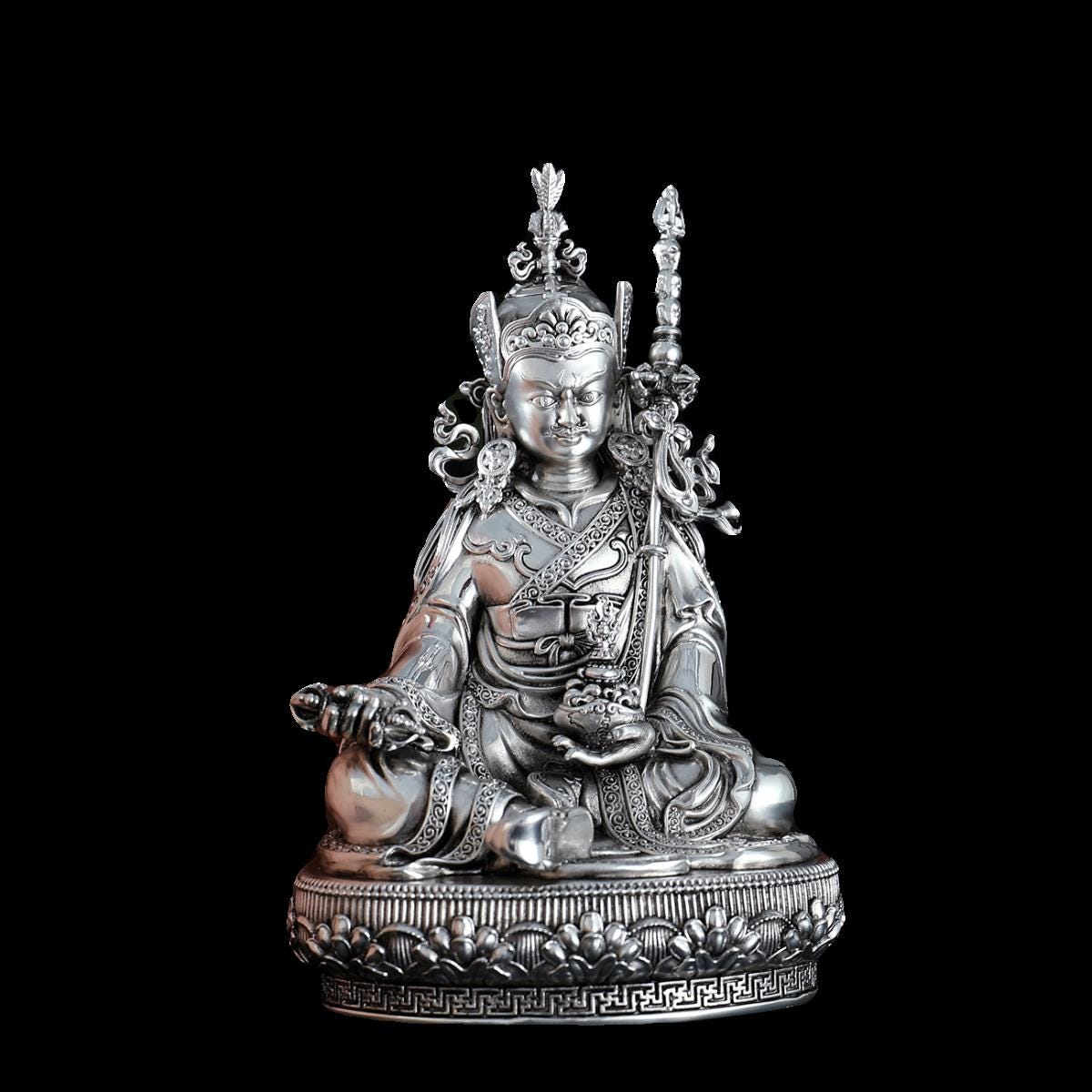 Padmasambhava Statue Guru Rinpoche Tibetan Buddhist Buddha, Silver Plated White Copper Guru Rinpoche Figurine, Altar Shrine Meditation Decor