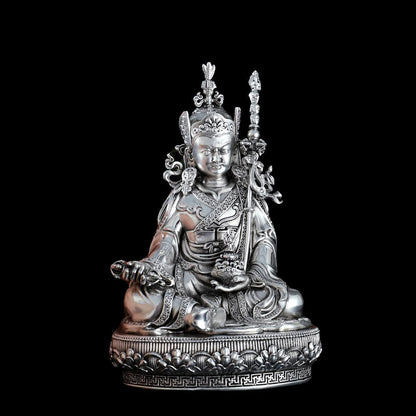 Padmasambhava Statue Guru Rinpoche Tibetan Buddhist Buddha, Silver Plated White Copper Guru Rinpoche Figurine, Altar Shrine Meditation Decor