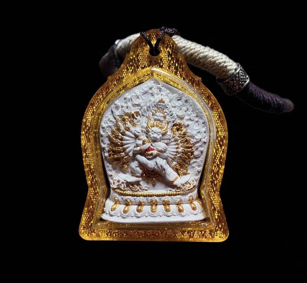 Handpainted Yamantaka Tsa Tsa Pendant, Mineral Pigment Miniature Thangka, Tibetan Sacred Ash Amulet, Buddhist Wrathful Deity Necklace