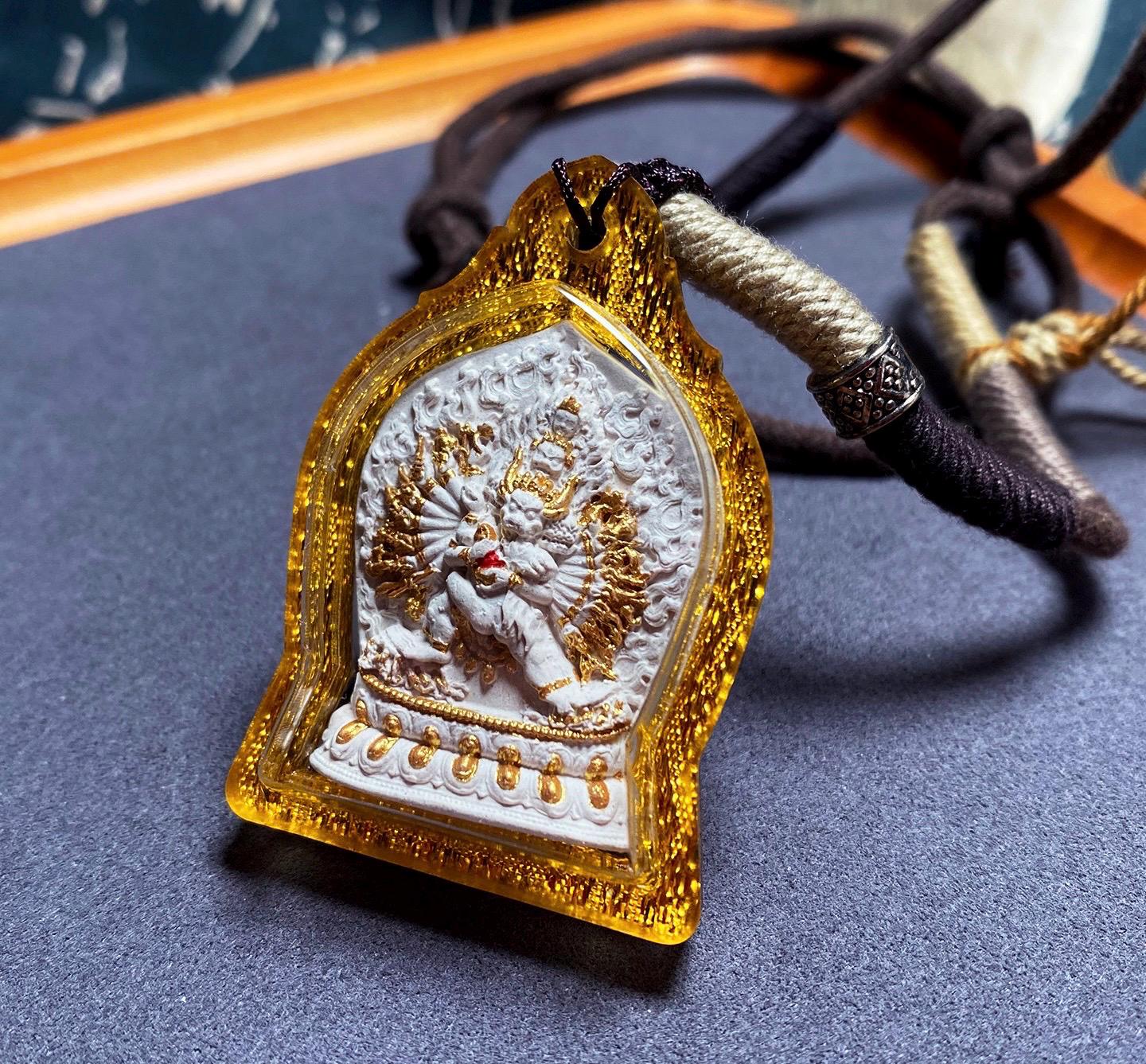 Handpainted Yamantaka Tsa Tsa Pendant, Mineral Pigment Miniature Thangka, Tibetan Sacred Ash Amulet, Buddhist Wrathful Deity Necklace