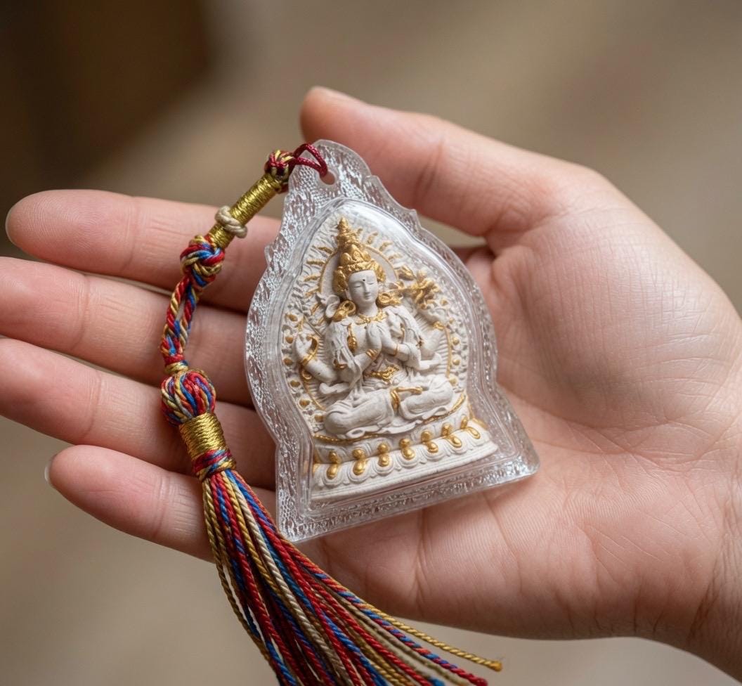 Handpainted Tsa Tsa Pendant Chenrezig Avalokiteshvara, Tibetan Buddhist Amulet, Sacred Incense Ash Miniature Thangka Necklace Gift