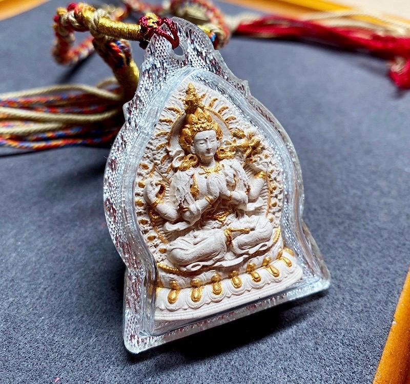 Handpainted Tsa Tsa Pendant Chenrezig Avalokiteshvara, Tibetan Buddhist Amulet, Sacred Incense Ash Miniature Thangka Necklace Gift