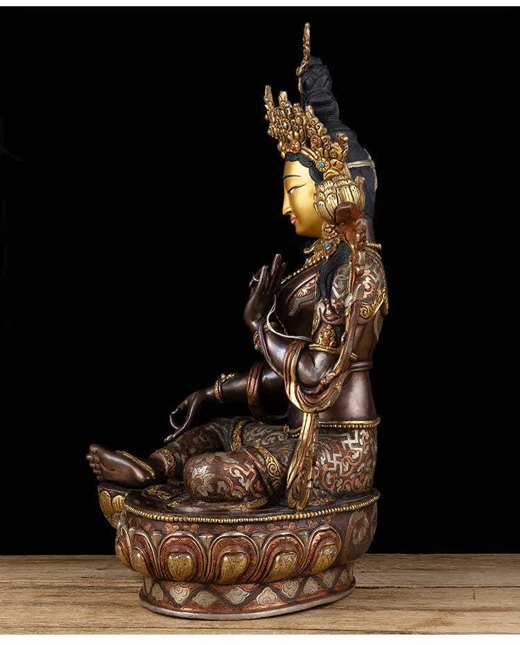 14 Inch Green Tara Statue, Nepalese Handmade Copper Gilt Silver Tara, Tibetan Buddhist Goddess, Feng Shui Altar Decor, Healing Mother Buddha