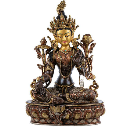 14 Inch Green Tara Statue, Nepalese Handmade Copper Gilt Silver Tara, Tibetan Buddhist Goddess, Feng Shui Altar Decor, Healing Mother Buddha