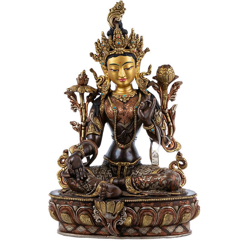 14 Inch Green Tara Statue, Nepalese Handmade Copper Gilt Silver Tara, Tibetan Buddhist Goddess, Feng Shui Altar Decor, Healing Mother Buddha