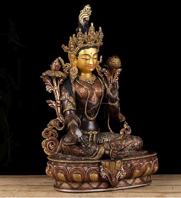 14 Inch Green Tara Statue, Nepalese Handmade Copper Gilt Silver Tara, Tibetan Buddhist Goddess, Feng Shui Altar Decor, Healing Mother Buddha