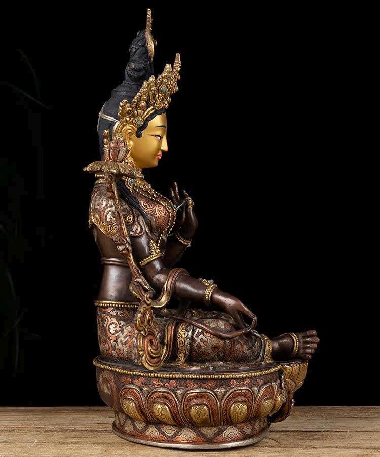 14 Inch Green Tara Statue, Nepalese Handmade Copper Gilt Silver Tara, Tibetan Buddhist Goddess, Feng Shui Altar Decor, Healing Mother Buddha