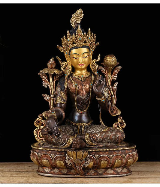 14 Inch Green Tara Statue, Nepalese Handmade Copper Gilt Silver Tara, Tibetan Buddhist Goddess, Feng Shui Altar Decor, Healing Mother Buddha