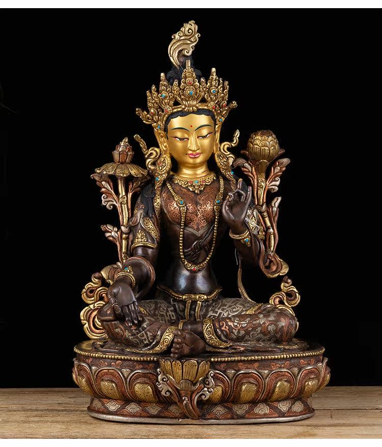 14 Inch Green Tara Statue, Nepalese Handmade Copper Gilt Silver Tara, Tibetan Buddhist Goddess, Feng Shui Altar Decor, Healing Mother Buddha