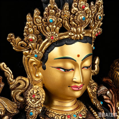 14 Inch Green Tara Statue, Nepalese Handmade Copper Gilt Silver Tara, Tibetan Buddhist Goddess, Feng Shui Altar Decor, Healing Mother Buddha
