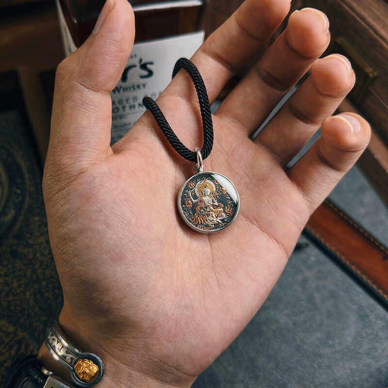 Meteoric Iron Manjushri Thangka Pendant, Intricate Iron Gilt Gold Damascene Necklace, Tibetan Buddhist Heritage Art, Wisdom Amulet Talisman