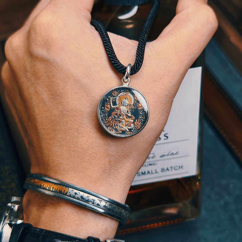 Meteoric Iron Manjushri Thangka Pendant, Intricate Iron Gilt Gold Damascene Necklace, Tibetan Buddhist Heritage Art, Wisdom Amulet Talisman