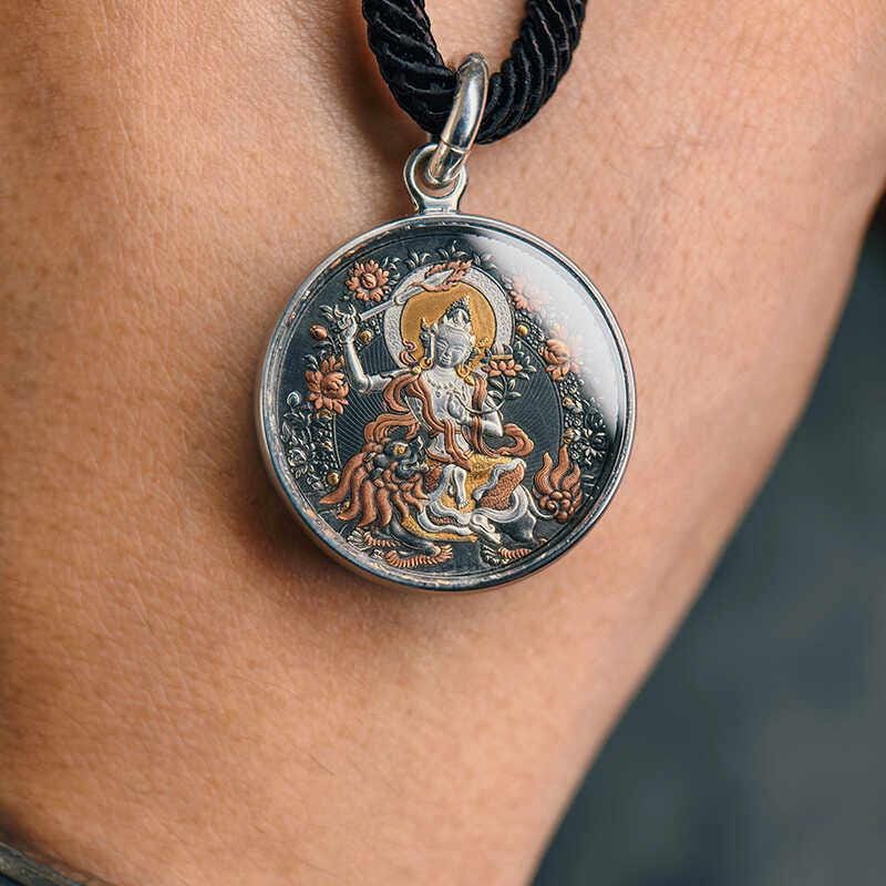 Meteoric Iron Manjushri Thangka Pendant, Intricate Iron Gilt Gold Damascene Necklace, Tibetan Buddhist Heritage Art, Wisdom Amulet Talisman