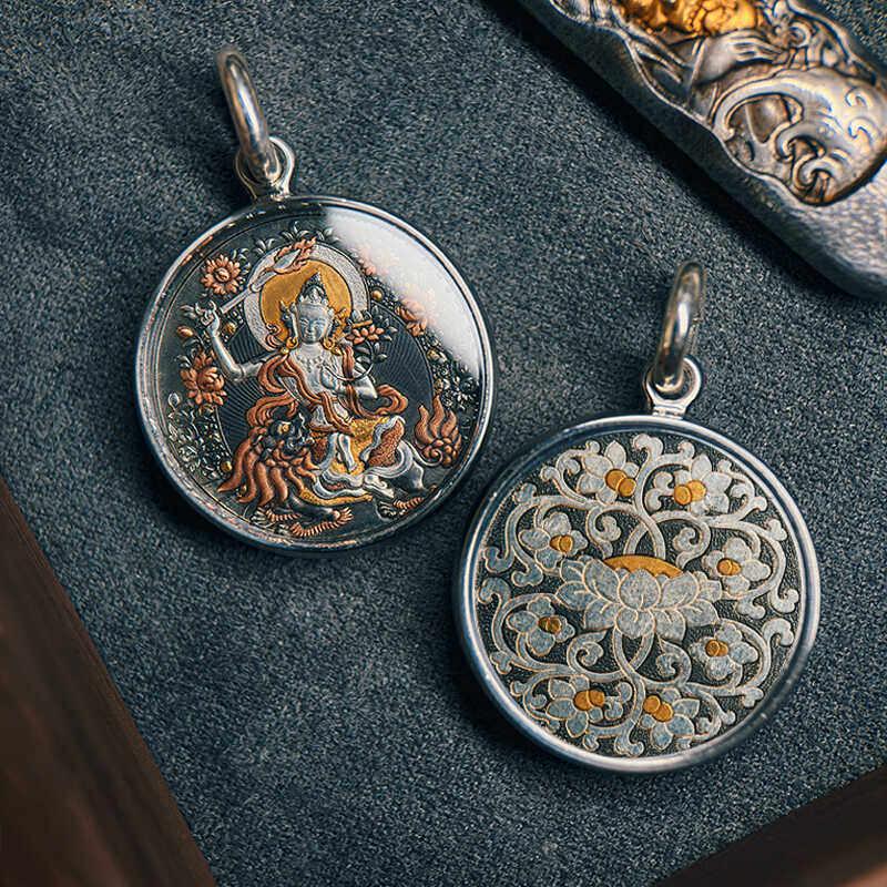 Meteoric Iron Manjushri Thangka Pendant, Intricate Iron Gilt Gold Damascene Necklace, Tibetan Buddhist Heritage Art, Wisdom Amulet Talisman
