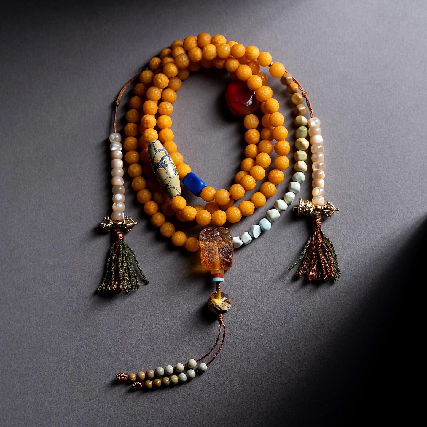 EverestArtStudiosRARE FIND One-of-a-Kind Natural Amber Mala Necklace | 108 Buddhist Prayer Beads with Turquoise, Lapis Lazuli & Gemstone Acc